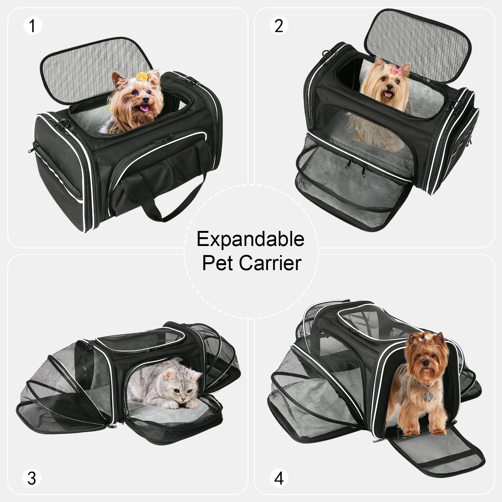 Estarer 4 Sides Expandable Collapsible Pet Carrier Black