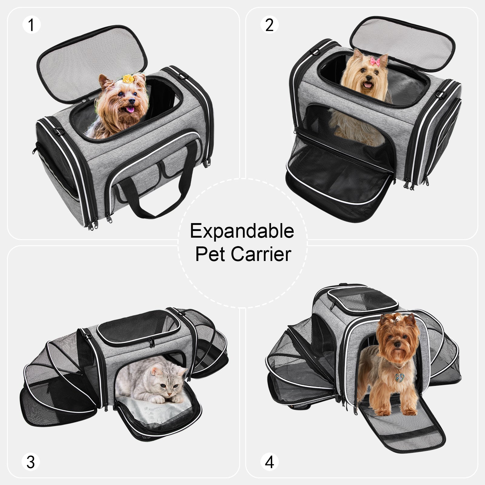 Estarer 4 Sides Expandable Collapsible Pet Carrier Grey